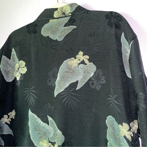 Vintage Firethorn L Black Silk Hawaiian Shirt Tropical Floral Button Up Collar - Picture 6 of 7